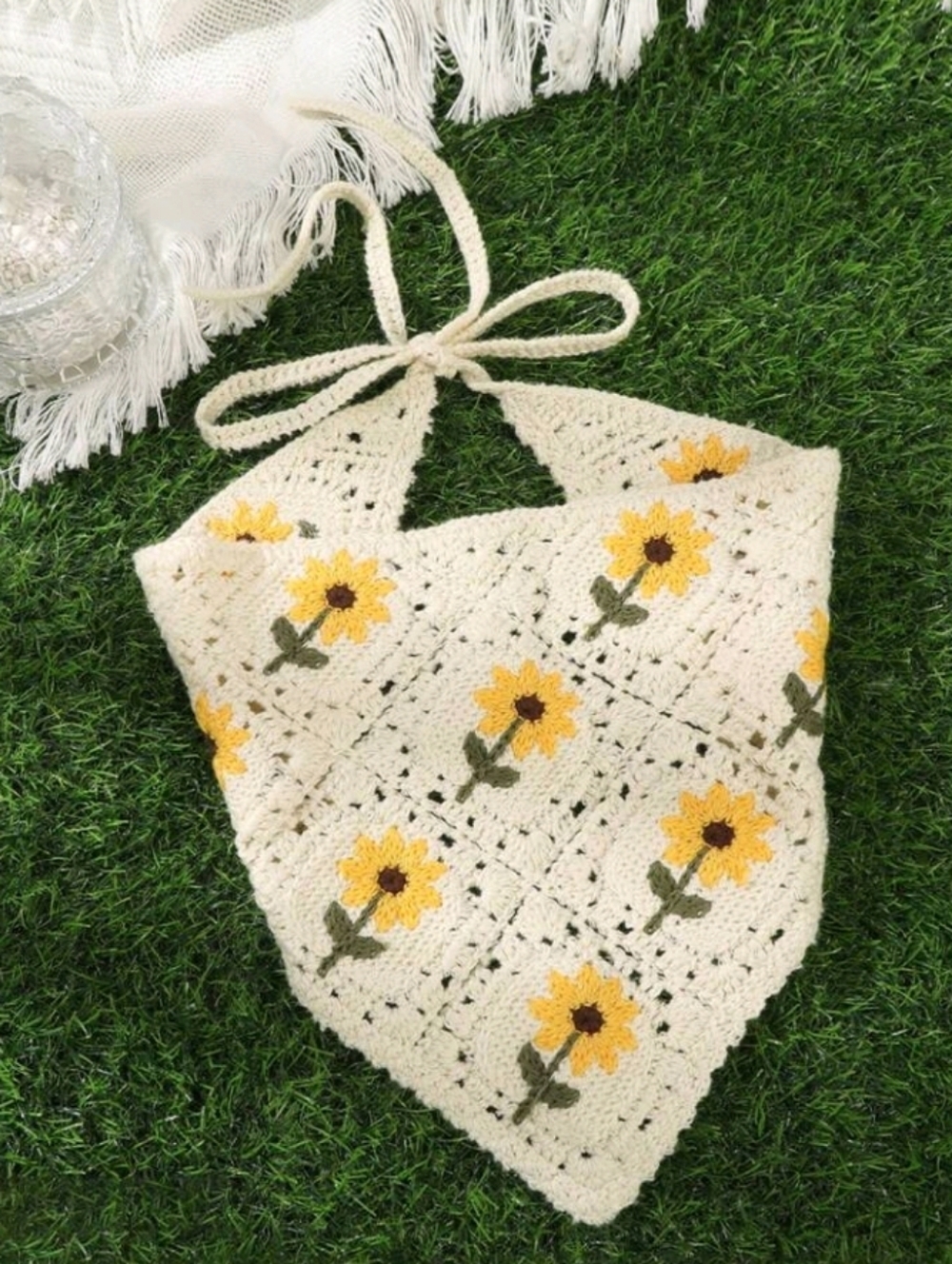 Crochet Cream Yellow Sunflower Bandana Hair Scarf Boho Summer Cottagecore